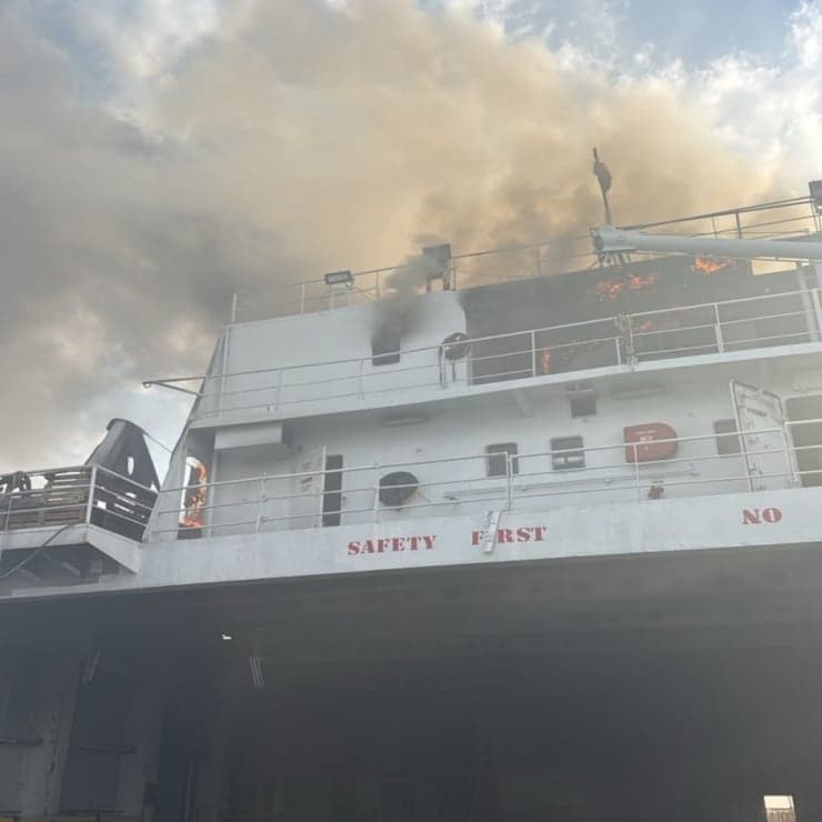 Initial Assessments Show Damage to the Living Quarters and Bow, With an Ongoing Fire